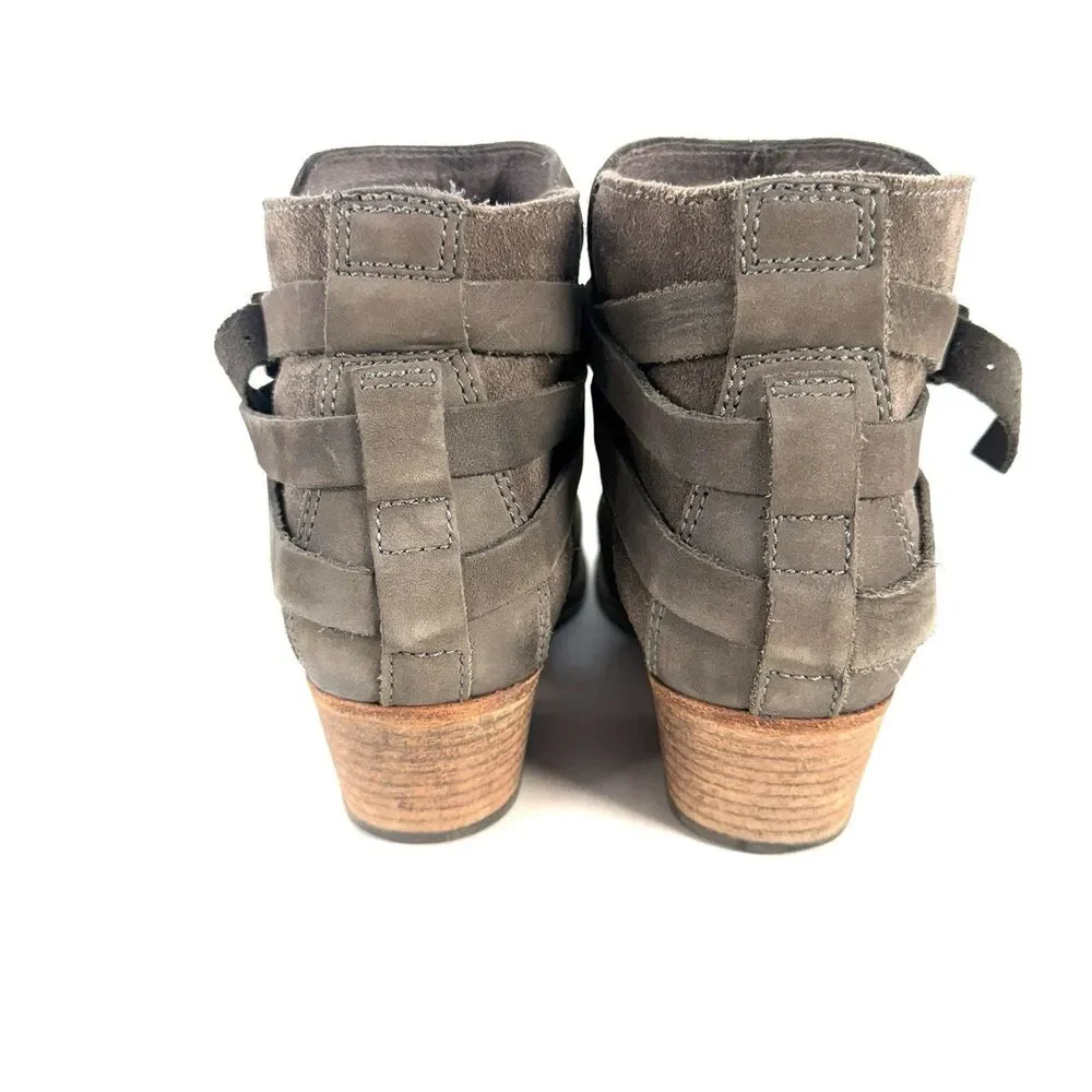H By Hudson Horrigan Ankle Boots Gray Leather Straps Block Heel Sz 39/8.5